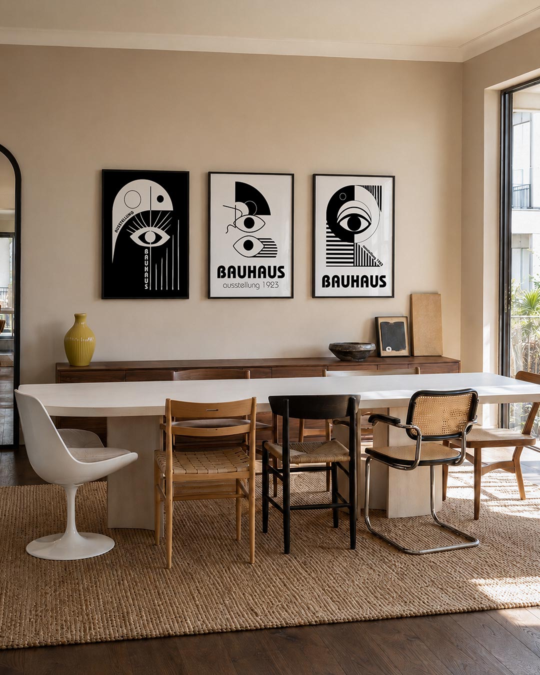 Oog en lijnen posterset – tweede productweergave – een zwart-witte compositie met een groot oog centraal. Rechte en gebogen