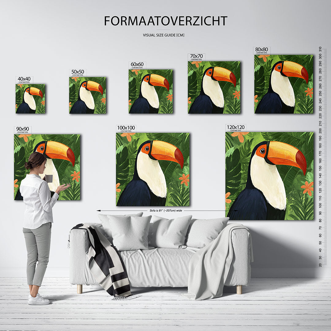 Tropische toekan kunstwerk – dit kunstwerk toont een kleurrijke toekan te midden van weelderige groene bladeren en oranje