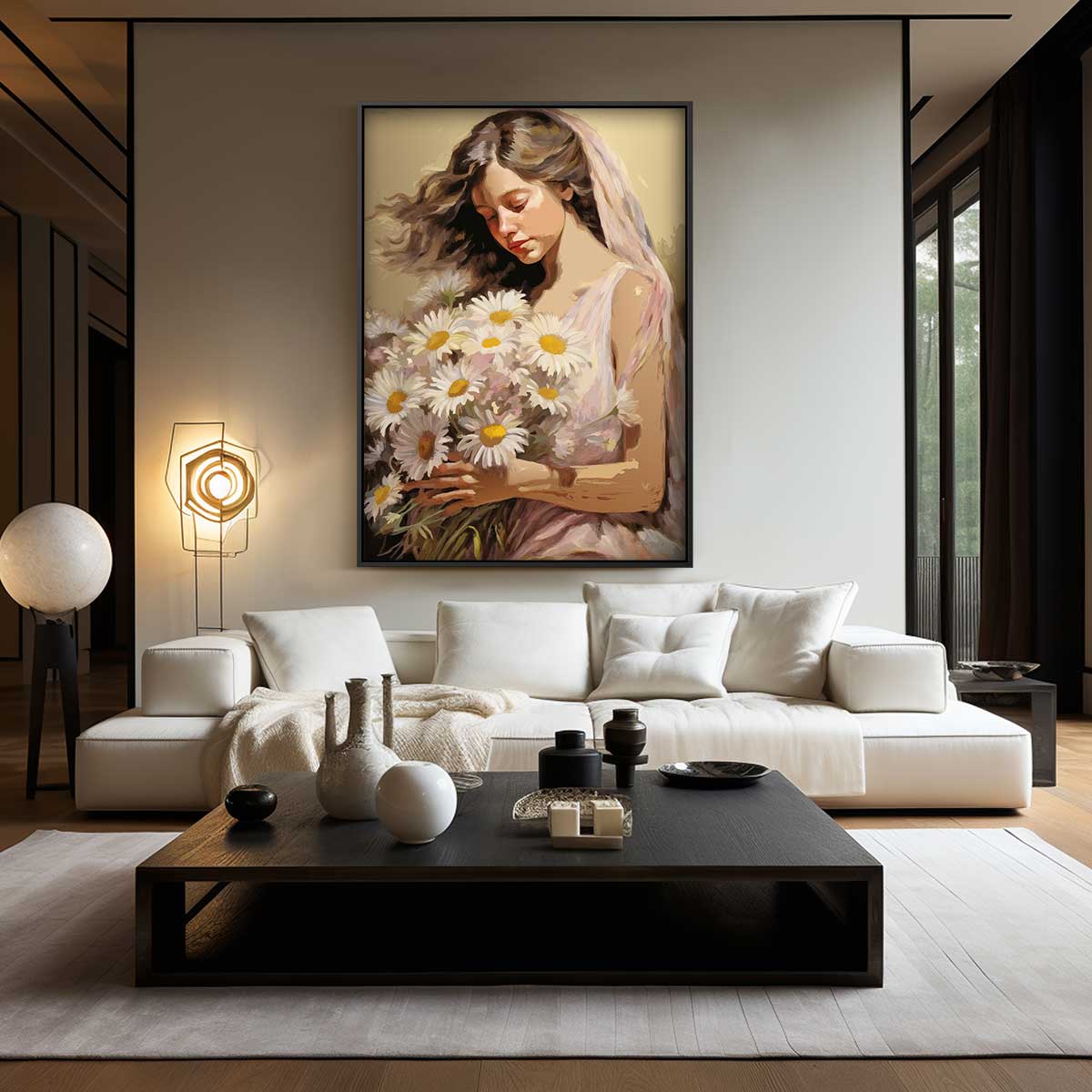 Vrouw met Madeliefjes – dibond wanddecoratie in staand formaat
