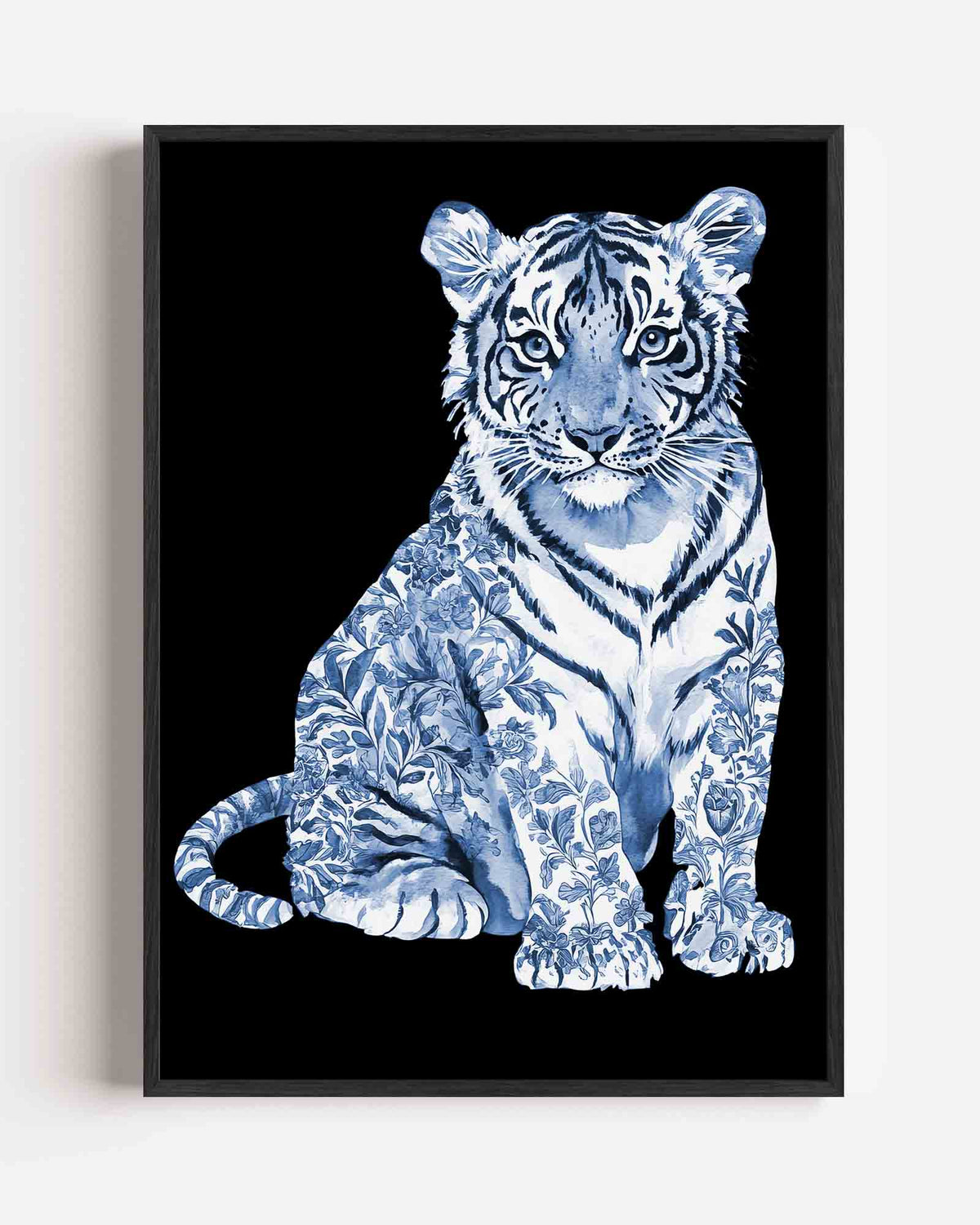 Tijger met bloemen – Delfts blauwe portret poster als wanddecoratie