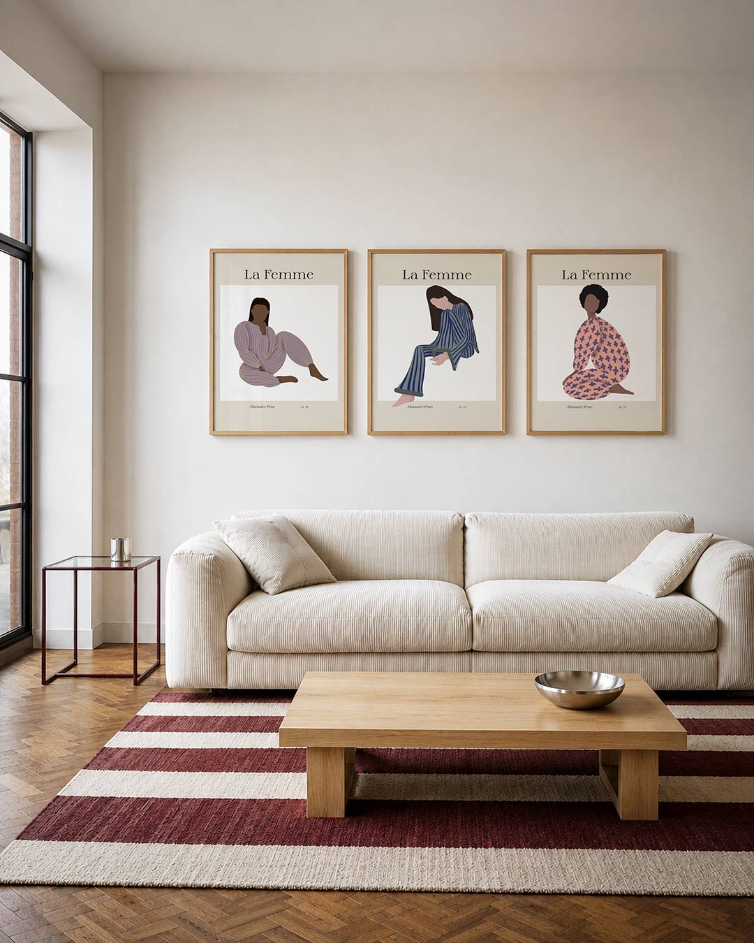 Gestreepte vormen driedelige posterset – een figuur in een gestreept pak zit ontspannen