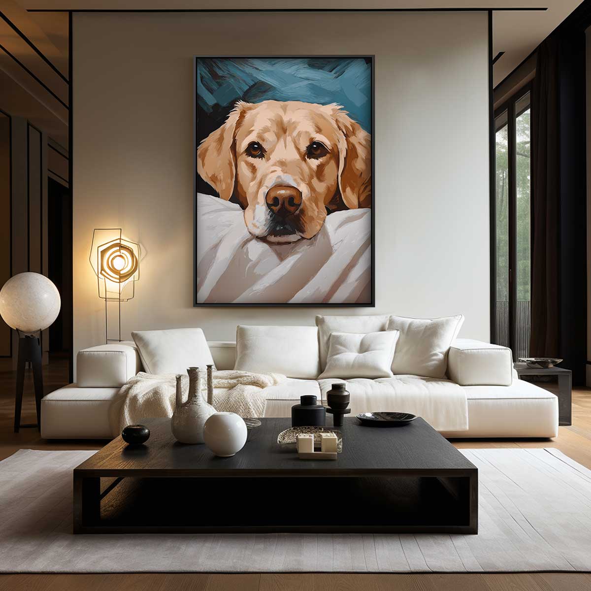 Dromerige Labradoodle – kunstwerk met zwarte baklijst