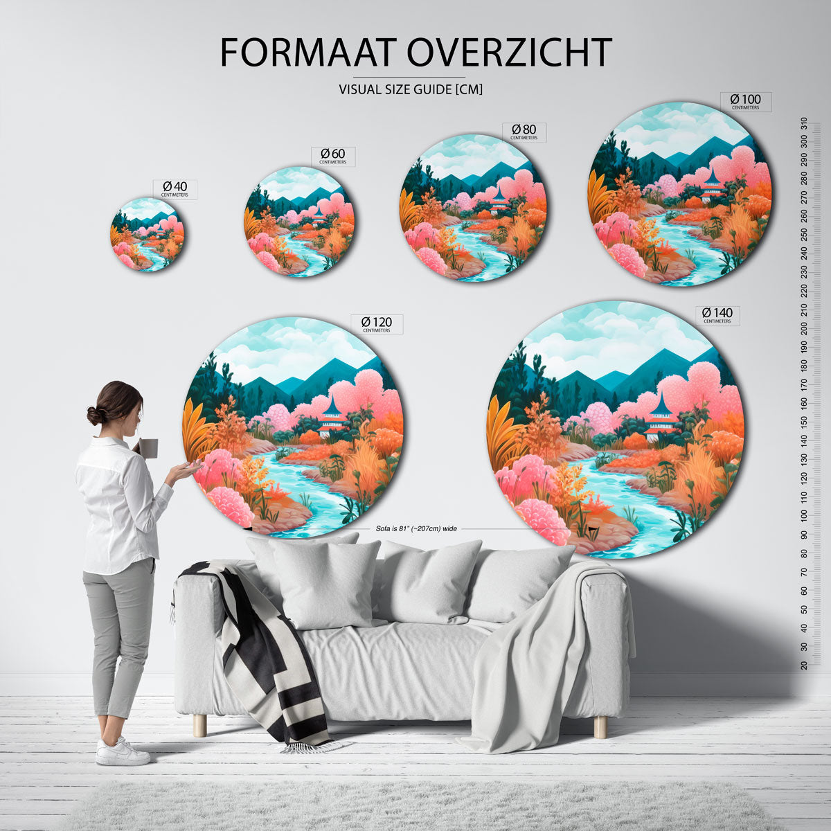 Landschap met rivier – geïllustreerde wandkunst als moderne muurcirkel