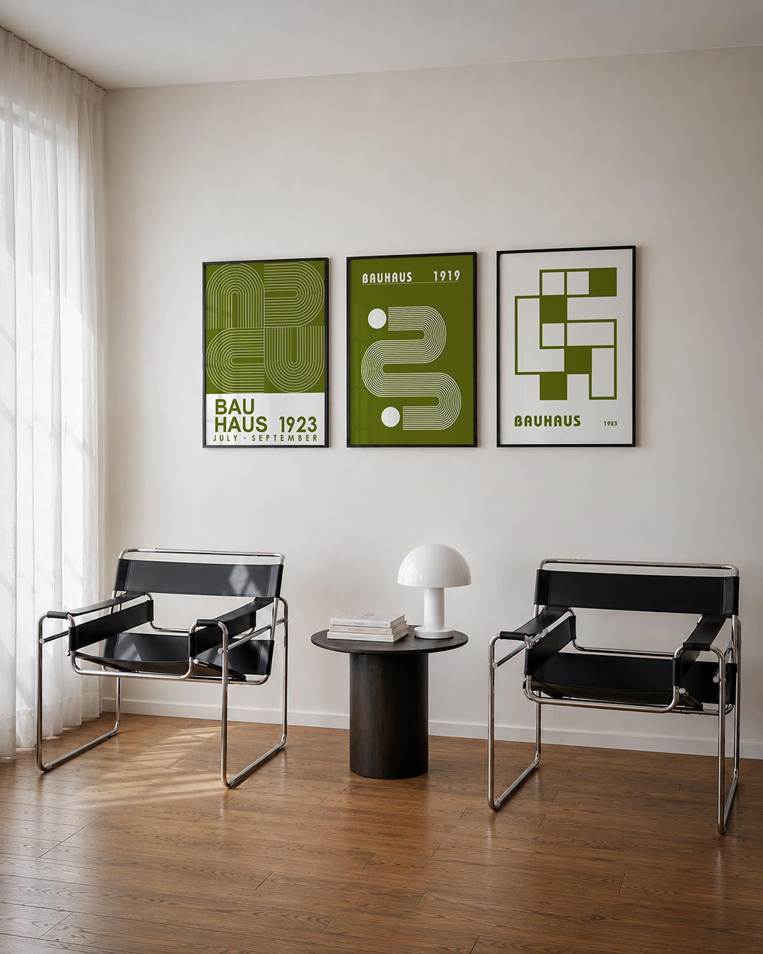 Lijnen en bogen driedelige posterset – deze posterset in drie delen toont een ritmisch spel van witte lijnen op een