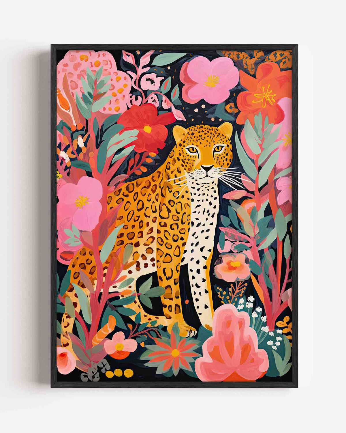 Luipaard tussen bloemen – kids portret poster als wanddecoratie