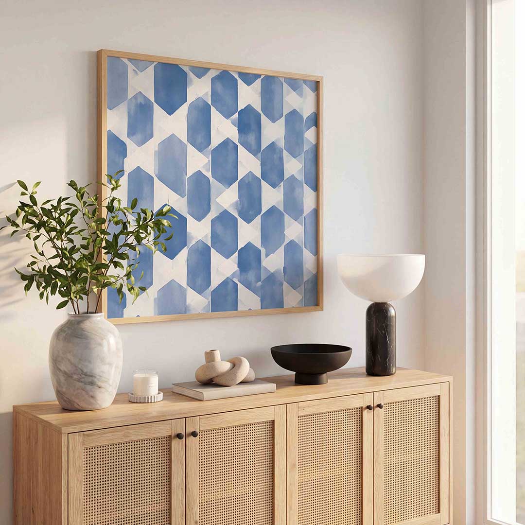 Blauwe geometrische vormen – kleurrijke poster in vierkant formaat