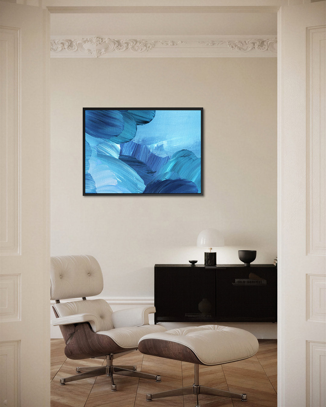 Dynamische blauwe beweging – Creëren – liggende wanddecoratie