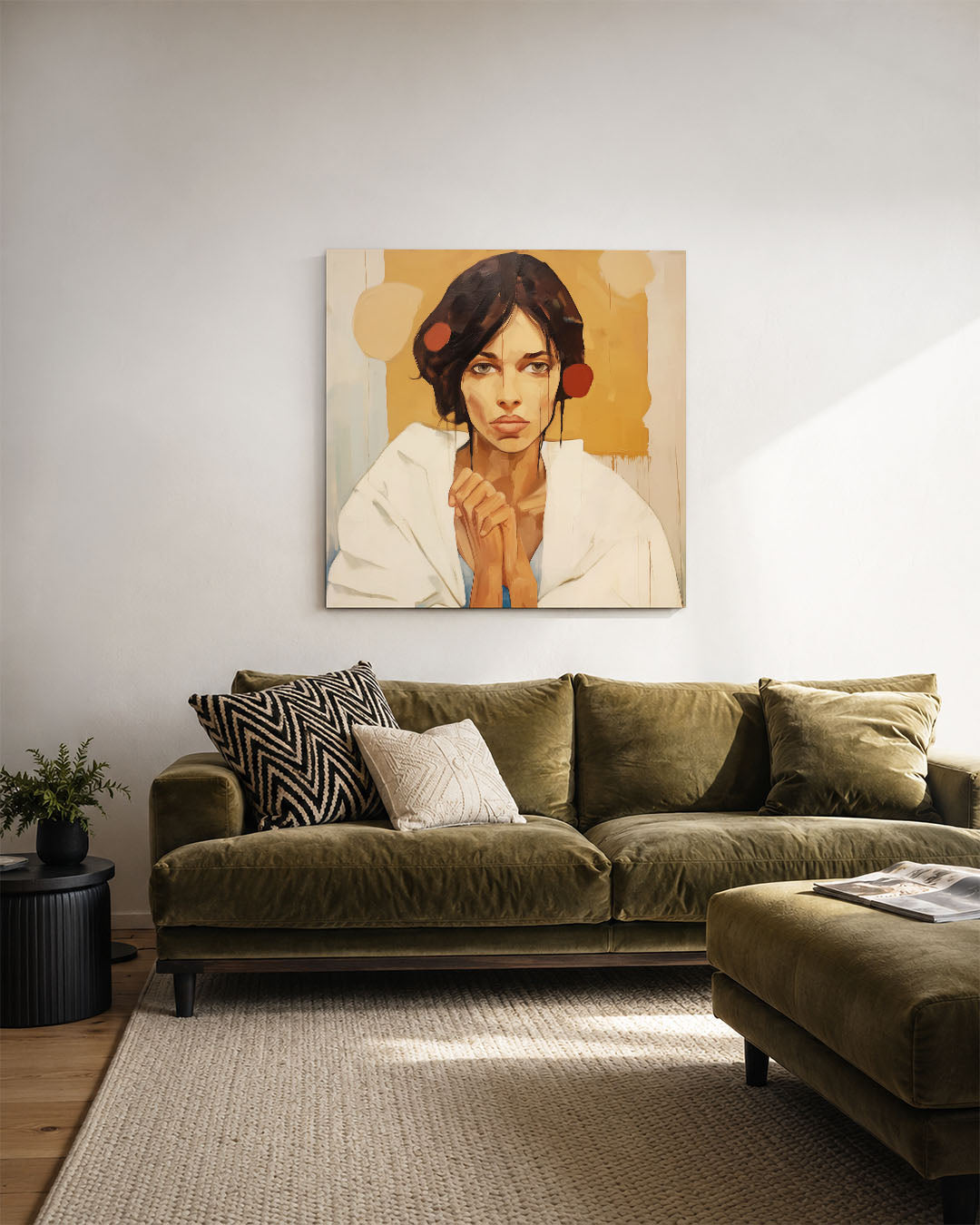 Portretstudie kunstwerk – derde productweergave – dit werk toont een vrouw met een intense blik. De compositie is evenwichtig