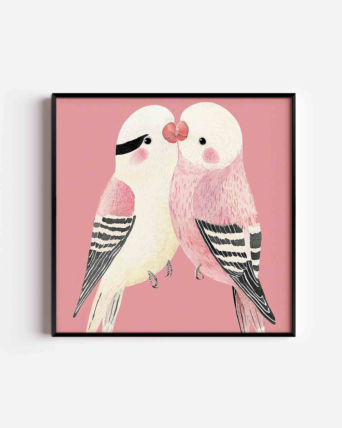 Twee vogels op roze achtergrond – vierkante dierenposter als wanddecoratie