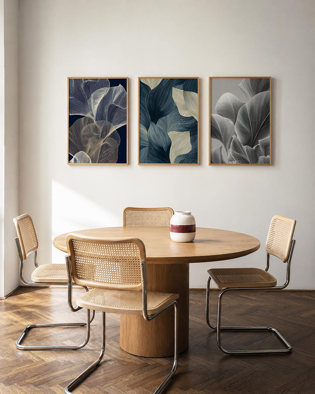Lijnenspel en vlucht driedelige posterset in interieur