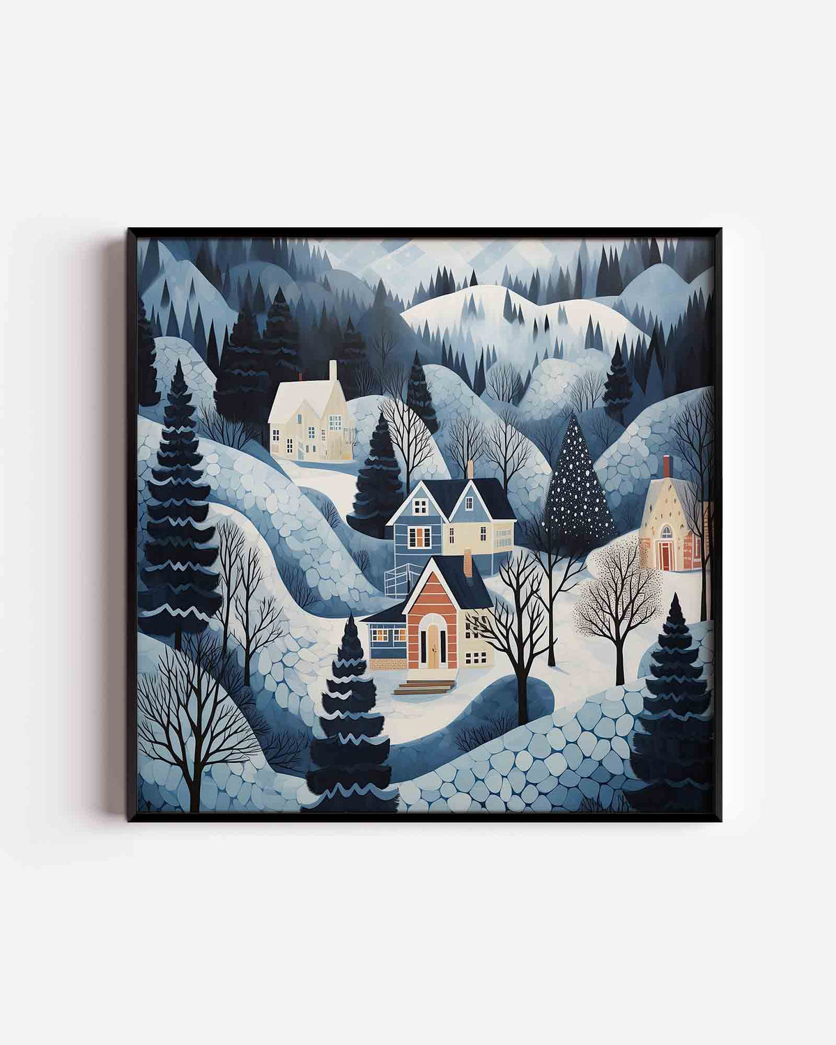 Winterlandschap met huizen – kerst vierkante poster als wanddecoratie