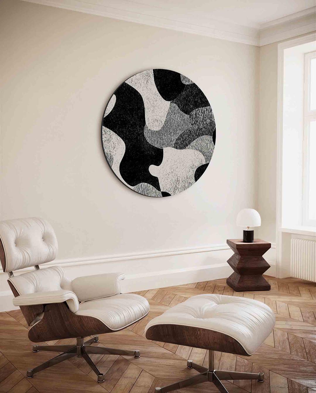 Abstracte vormen – moderne ronde wanddecoratie met vrouwelijk portret
