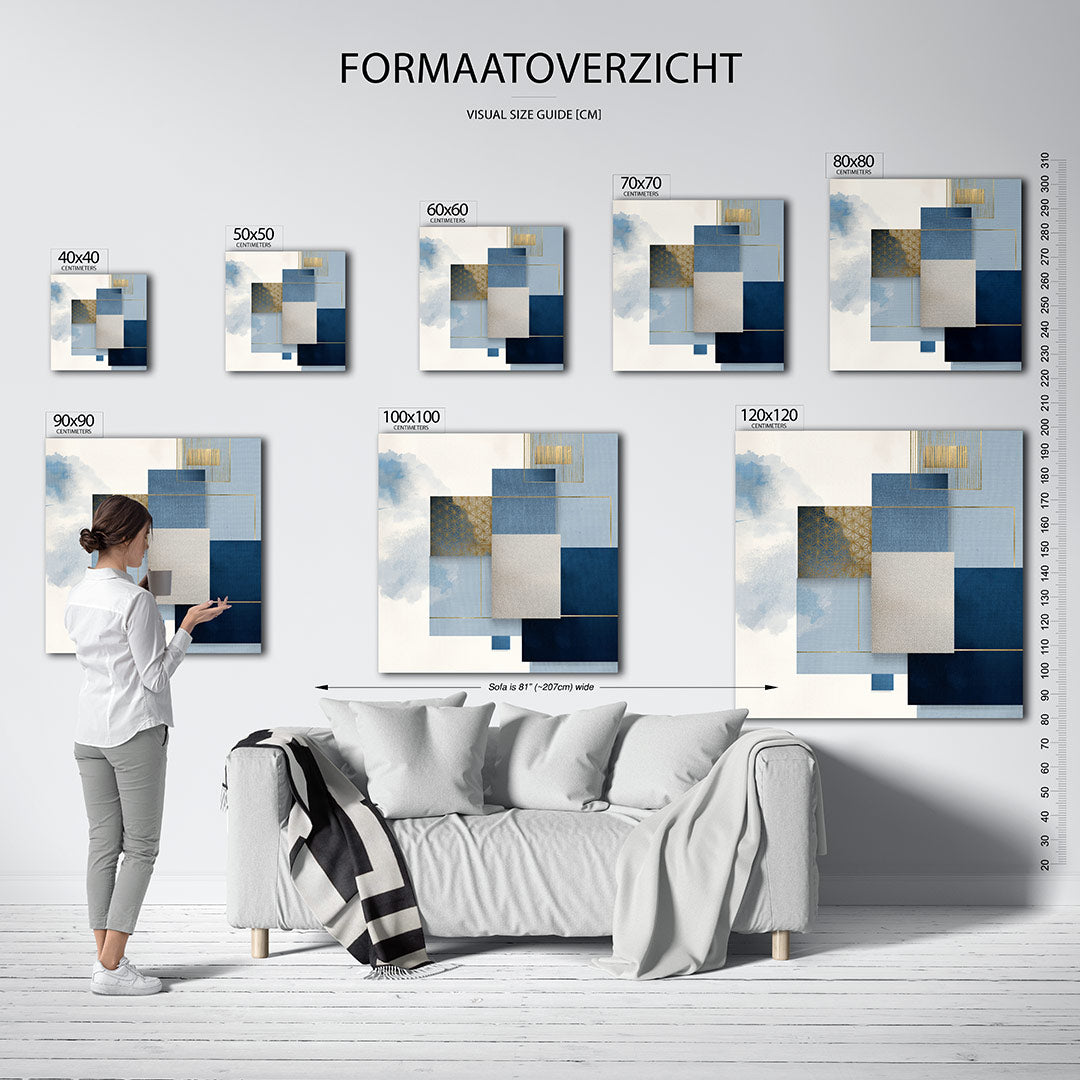 Geometrische compositie kunstwerk – materiaalweergave – dit werk toont een harmonie van rechthoeken en lijnen in blauw, beige