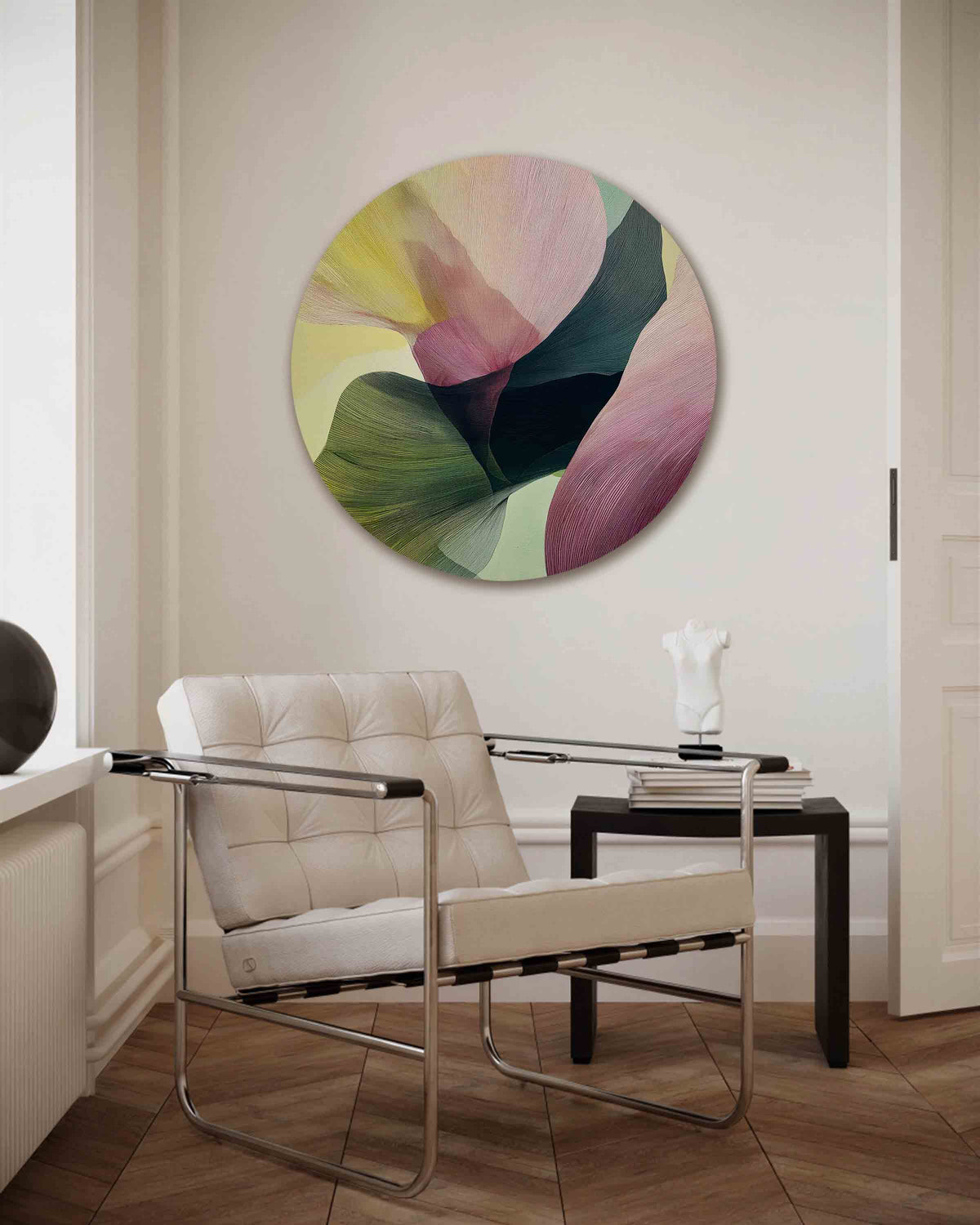 Vloeiende vormen – abstracte muurcirkel als ronde wanddecoratie