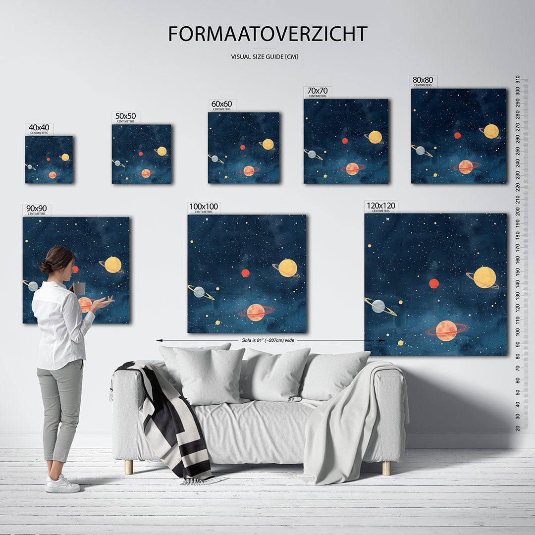 Kosmische hemel kunstwerk – sfeerbeeld – dit kunstwerk toont een sterrenhemel met kleurrijke planeten en sterren verspreid