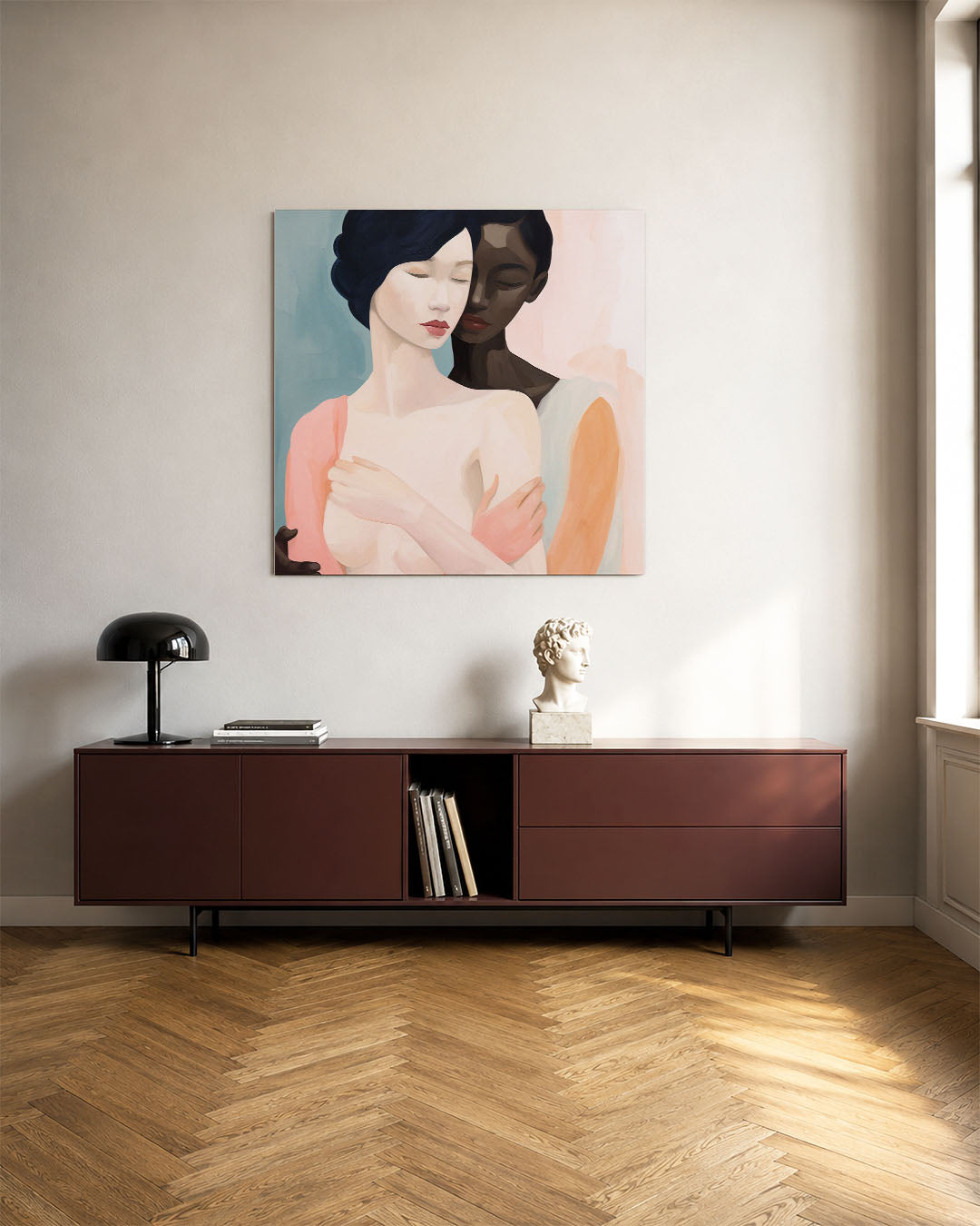 Intieme omhelzing kunstwerk – tweede productweergave – dit kunstwerk toont twee figuren in een zachte omhelzing, met
