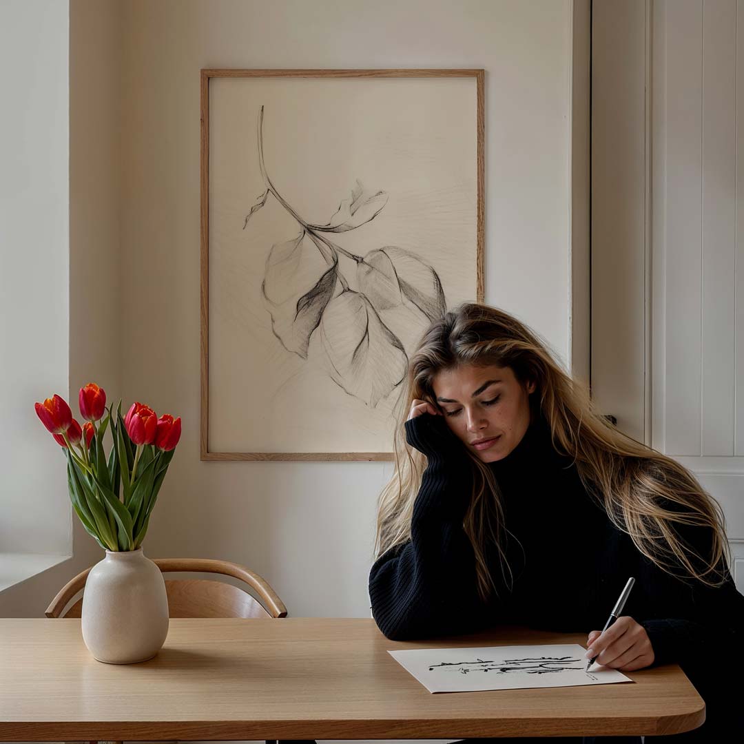 Elegant Potloodschets van Bladeren – staande muurposter met botanische uitstraling