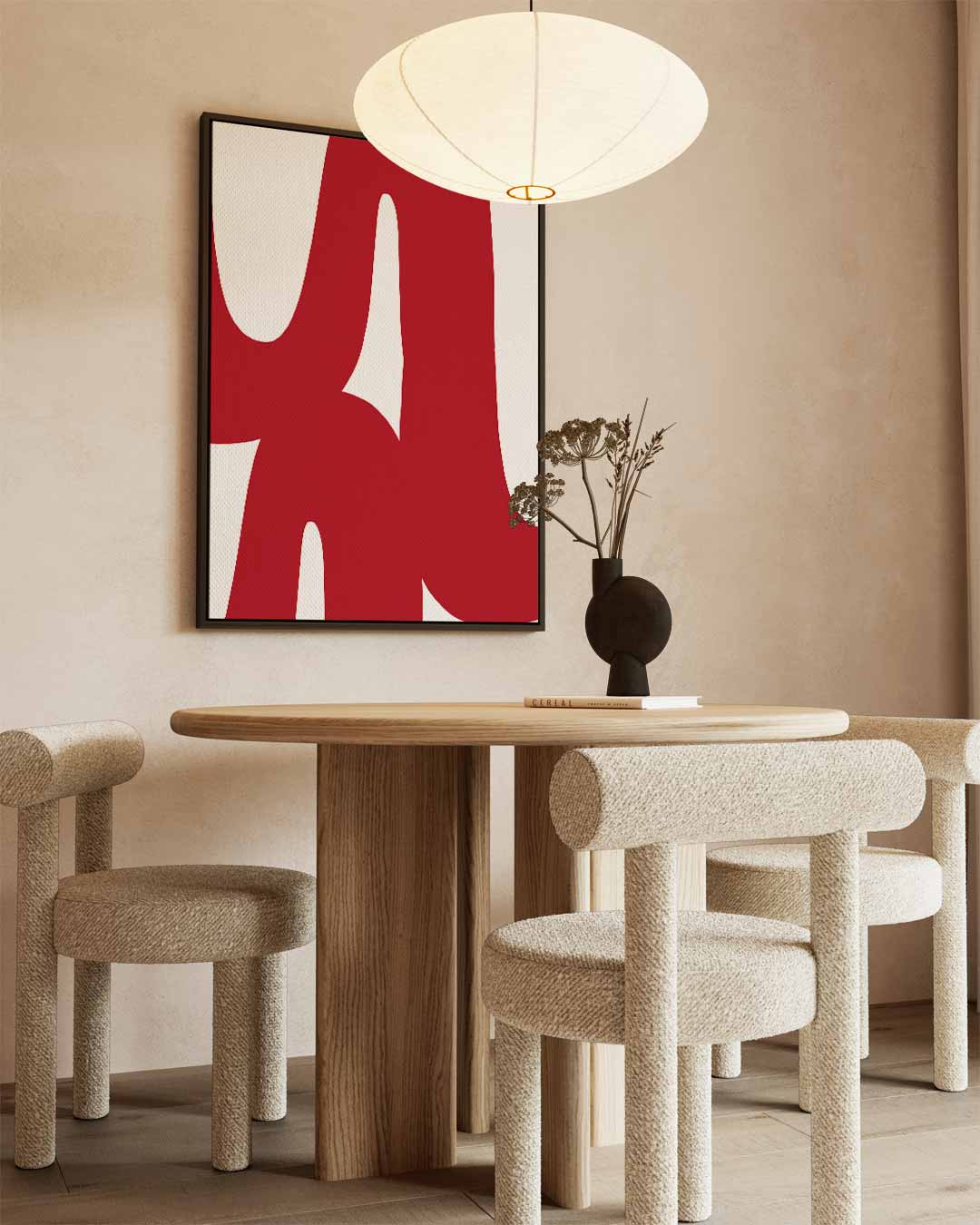 Speelse Rode Golven – kunstwerk met zwarte baklijst