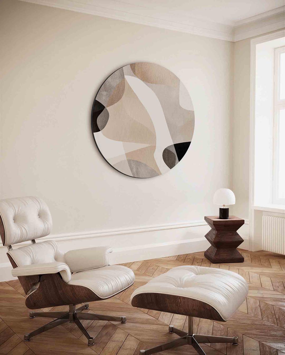 Abstracte vormen – moderne ronde wanddecoratie met vrouwelijk portret