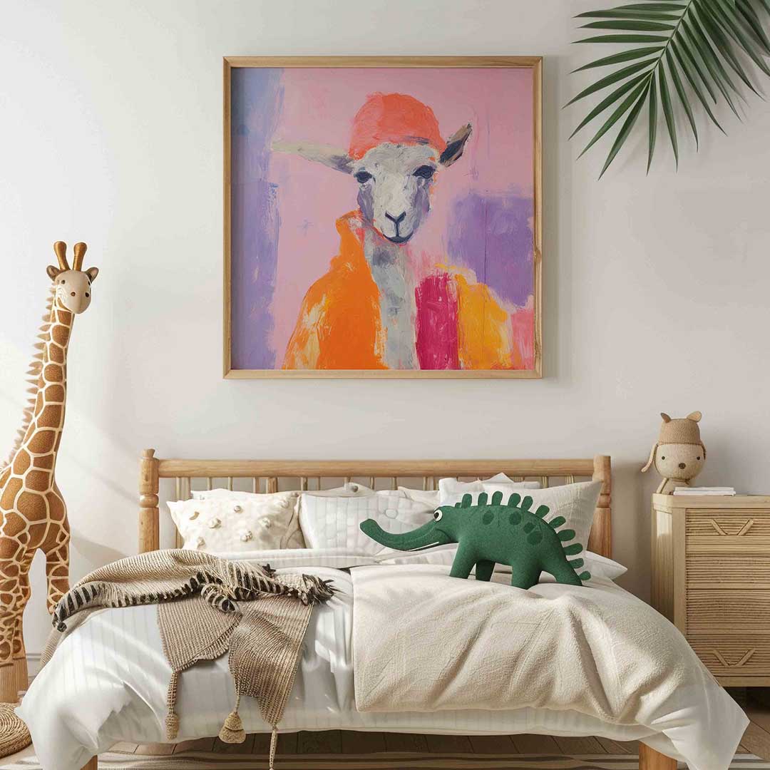 Schaap met oranje hoed – vierkante kinderkamer wanddecoratie van WallArtistic