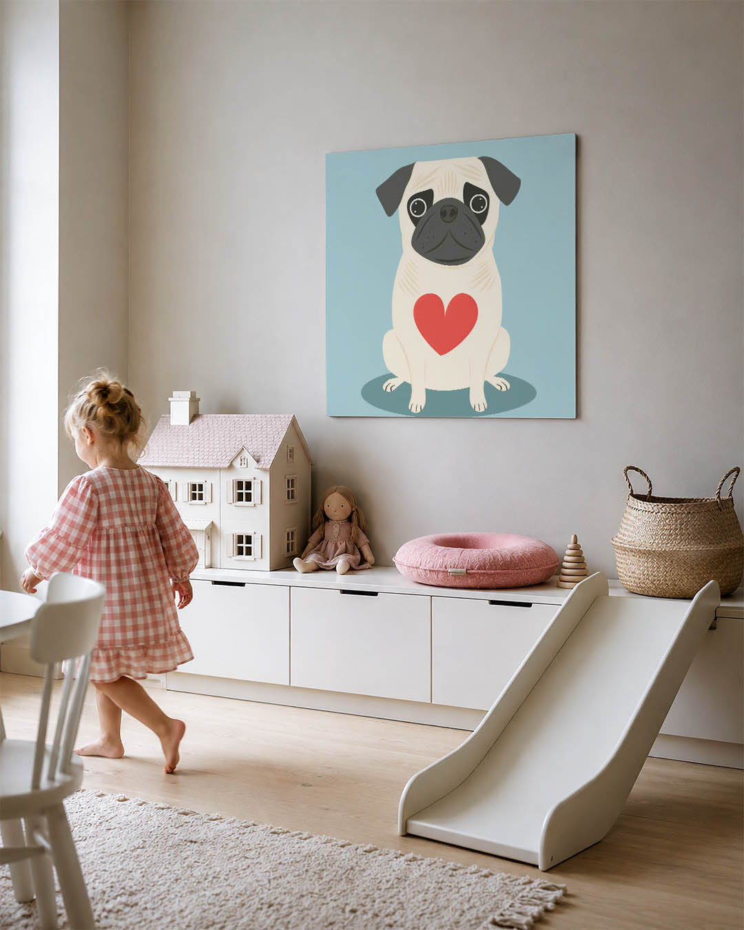 Hond met hart kunstwerk – tweede productweergave – dit werk toont een schattige hond met een groot rood hart op zijn borst