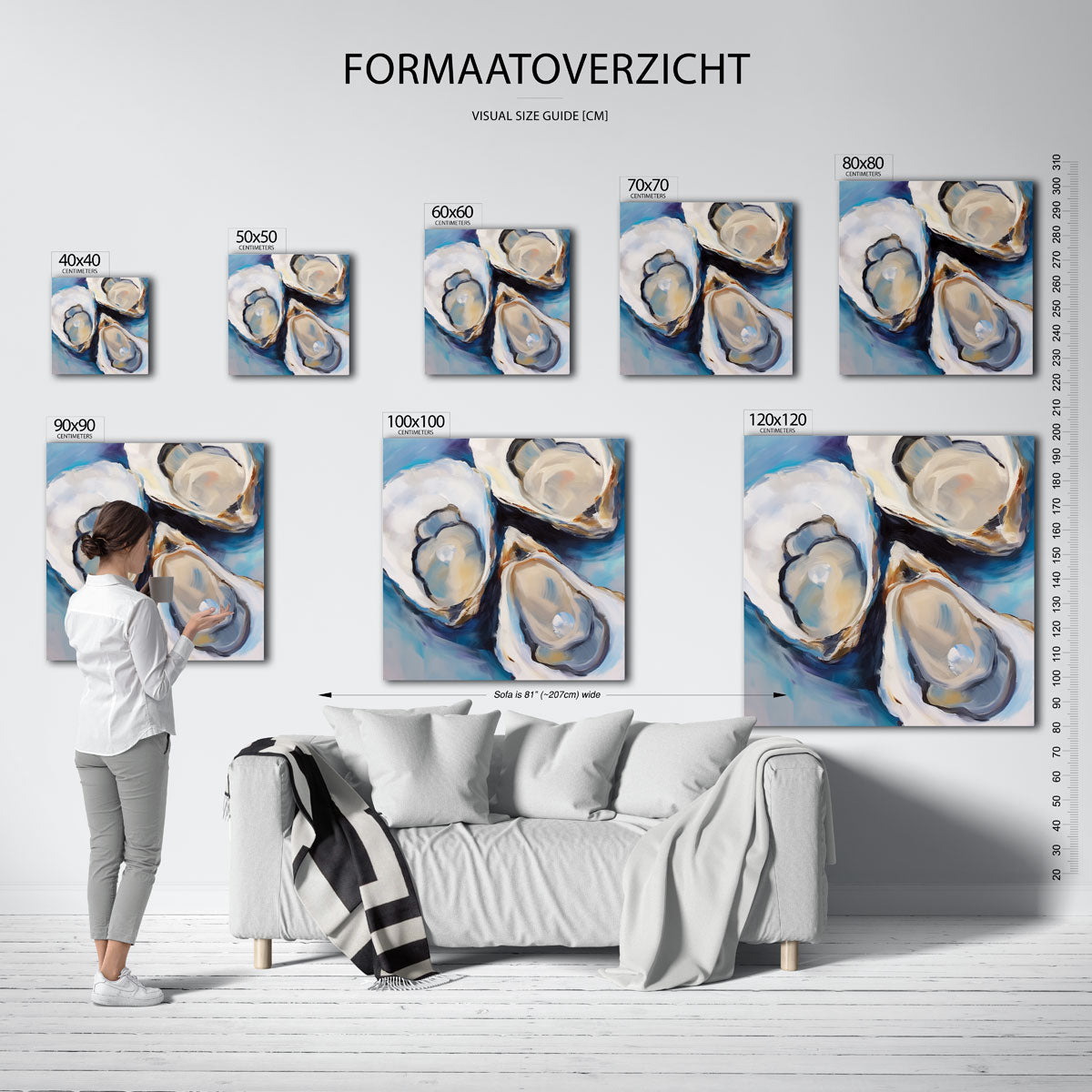 Drie oesters – vierkante muurposter voor keuken of eethoek