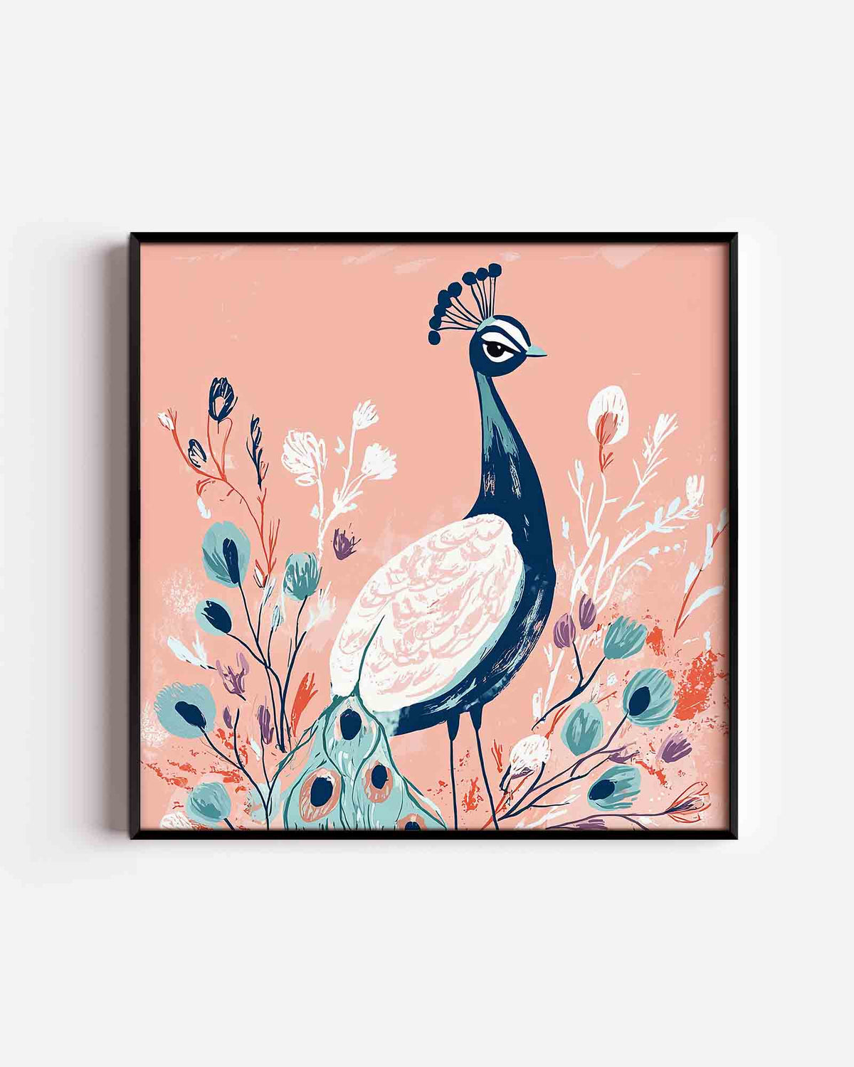Pauw met bloemen – vierkante dierenposter als wanddecoratie