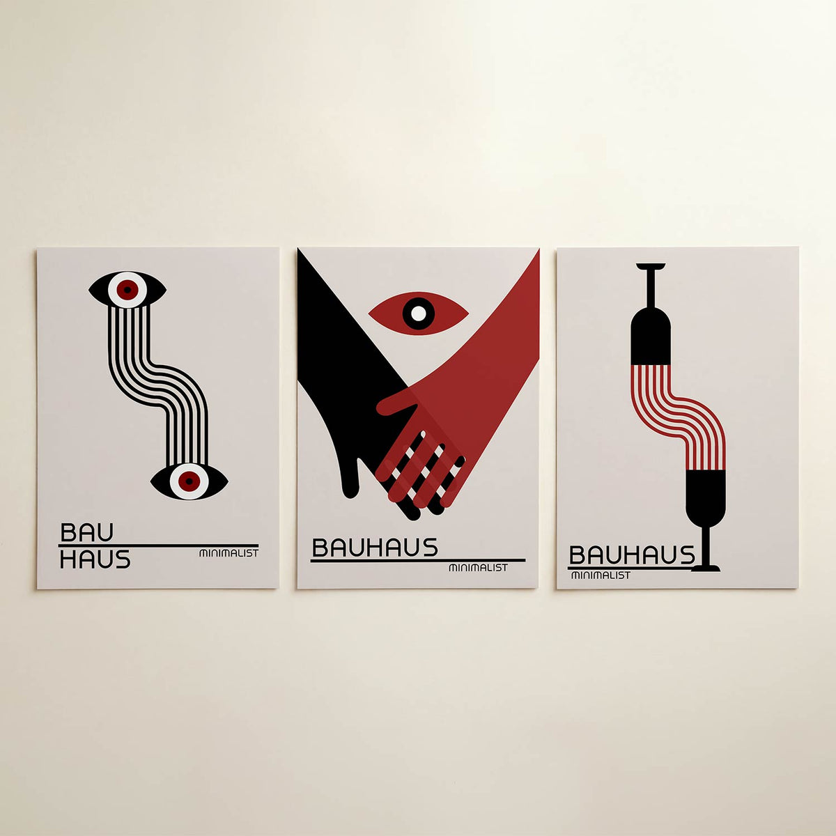 Ooglijnenspel posterset – detailweergave – twee ogen verbonden door golvende lijnen. Zwart-wit met rode accenten. Strakke