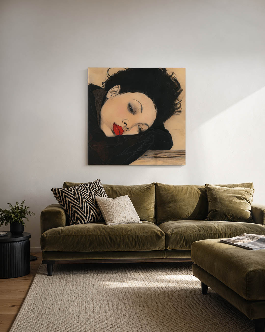 Dromerige vrouw kunstwerk – derde productweergave – dit kunstwerk toont een vrouw met een serene uitdrukking, liggend op een