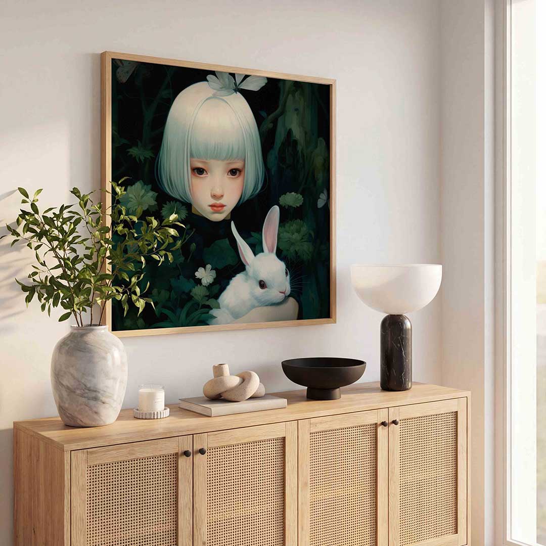 Meisje met konijn – illustratie poster in vierkant formaat