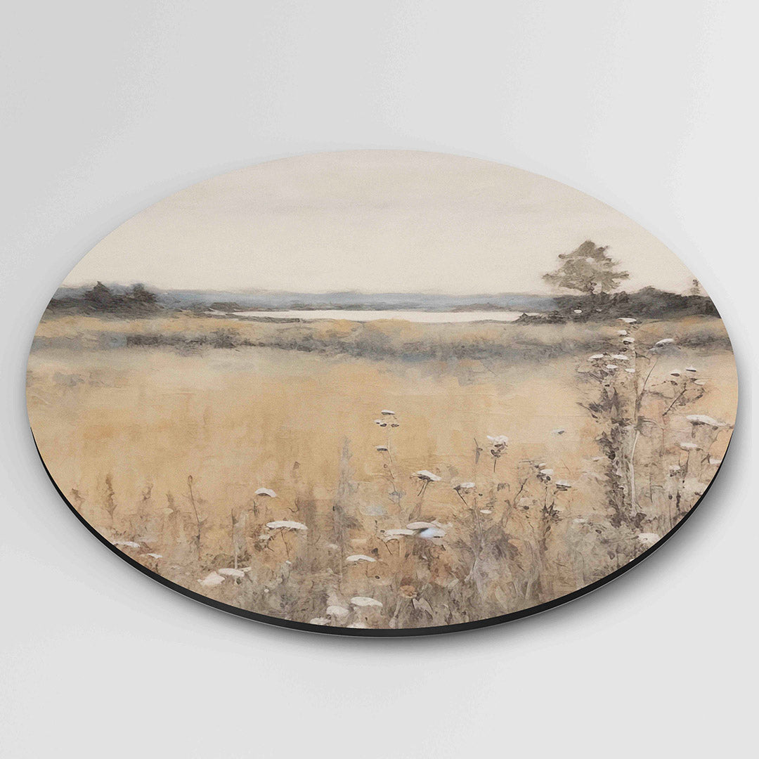 Landschap met veldbloemen – ronde wanddecoratie met abstract ontwerp