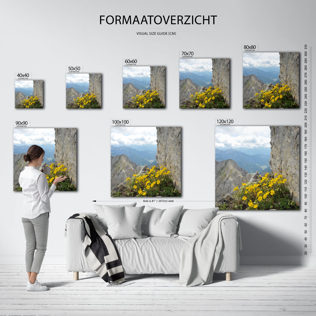 Bergbloemen en rotsen poster – sfeerbeeld – deze poster toont levendige gele bloemen die groeien tussen ruwe grijze rotsen