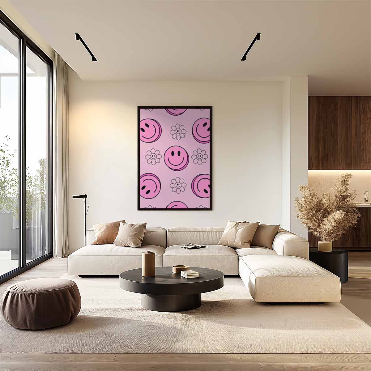 Vrolijke Smiley Bloemen Print – canvas wanddecoratie in portret formaat