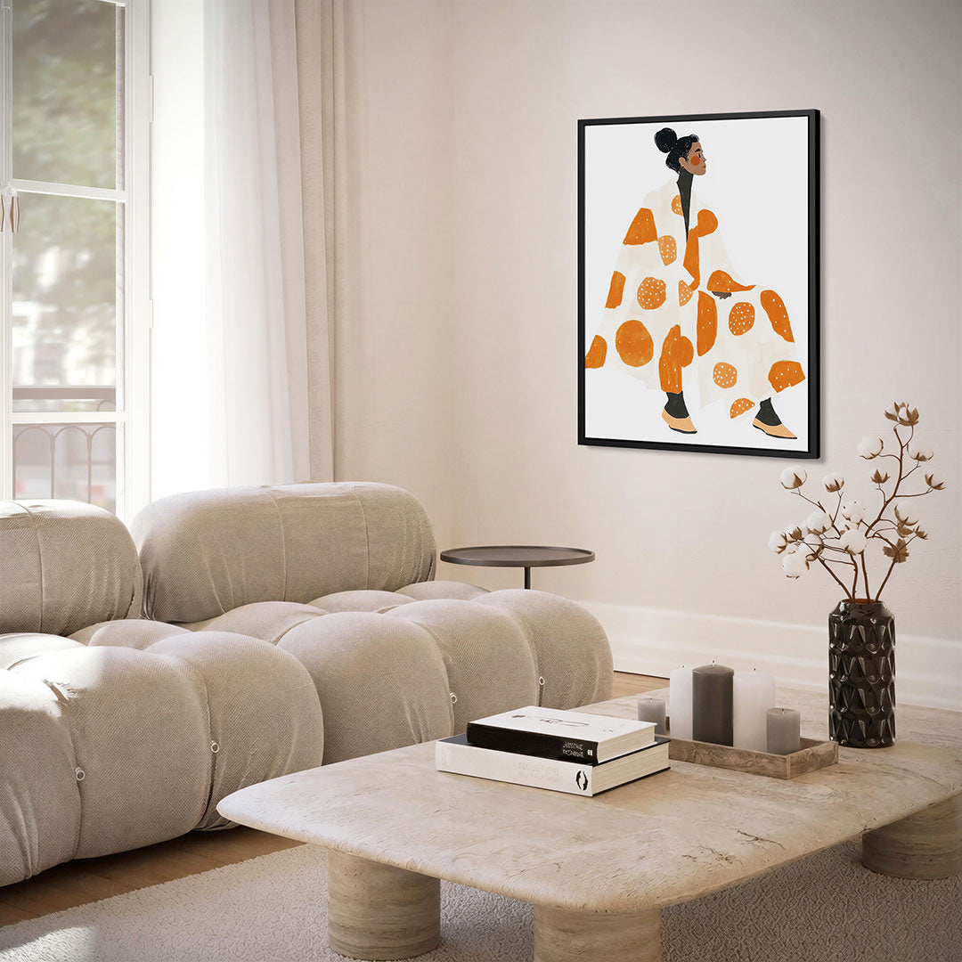 Vrouw in oranje patronen – kunstwerk als stijlvolle wanddecoratie