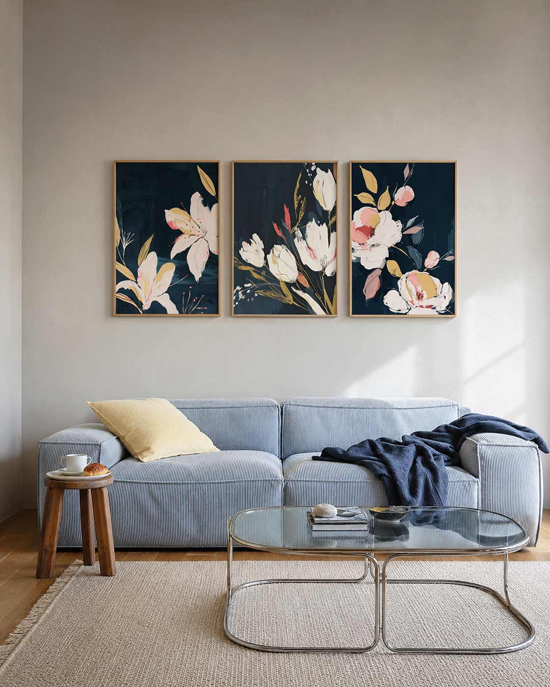Bloemrijke elegantie posterset – tweede productweergave – deze posterset in drie delen toont grote witte bloemen met