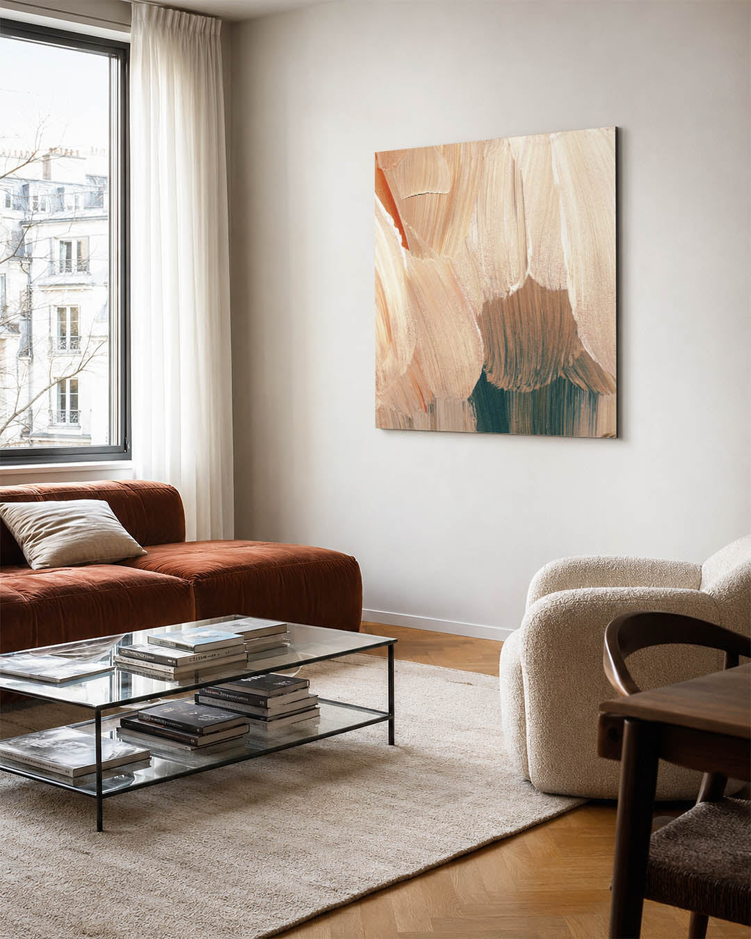 Penseelstreken kunstwerk – vierkante wanddecoratie – dit werk toont vloeiende penseelstreken in beige en bruin, met subtiele