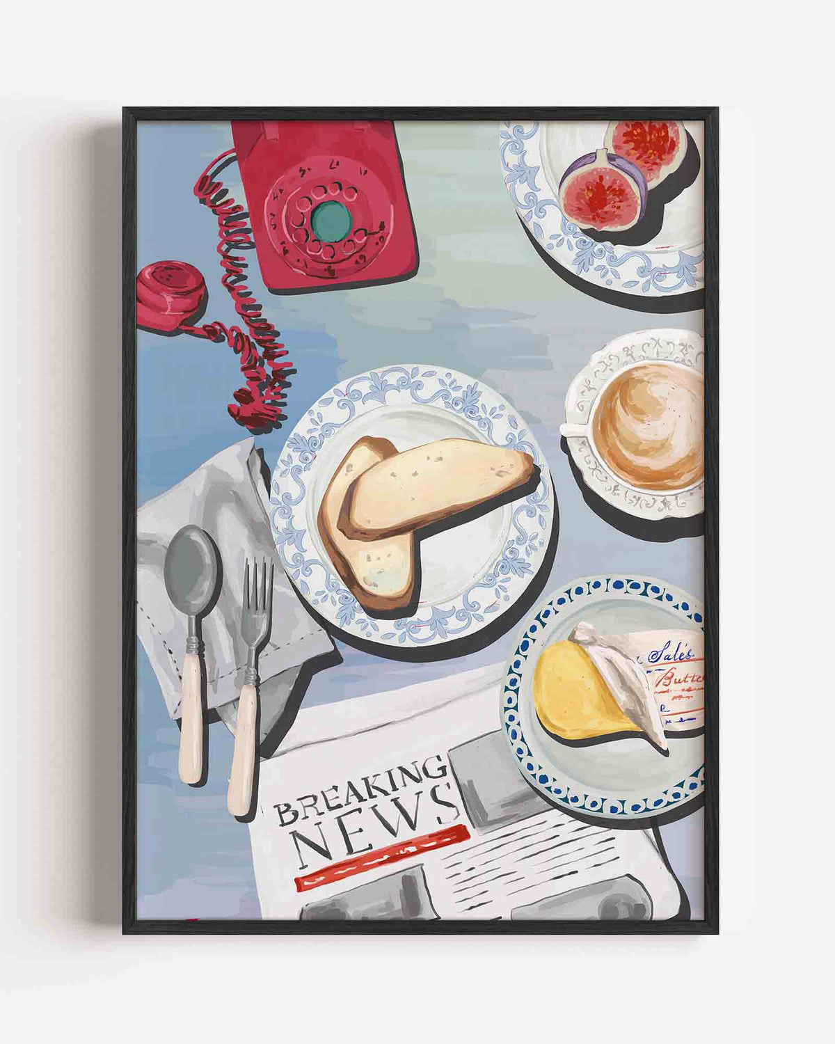 Ontbijttafel met telefoon – keuken portret poster als wanddecoratie