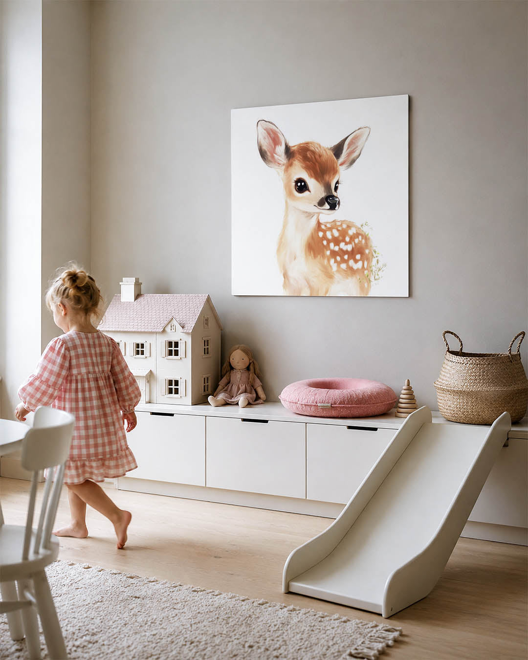 Lief hertenkalf kunstwerk – tweede productweergave – dit kunstwerk toont een schattig hertenkalf met grote ogen en zachte