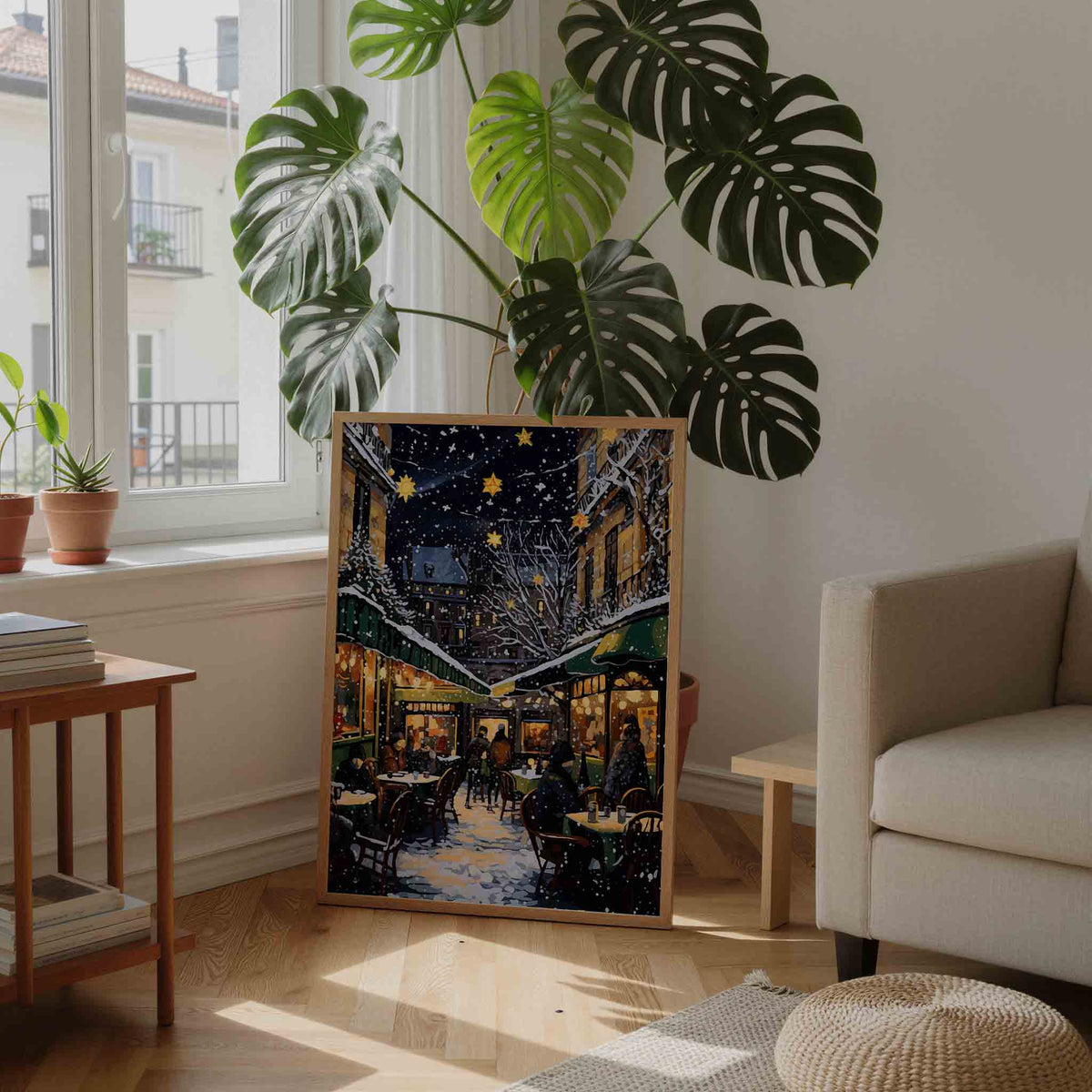 Winteravond terras – feestelijke wandkunst als portret poster