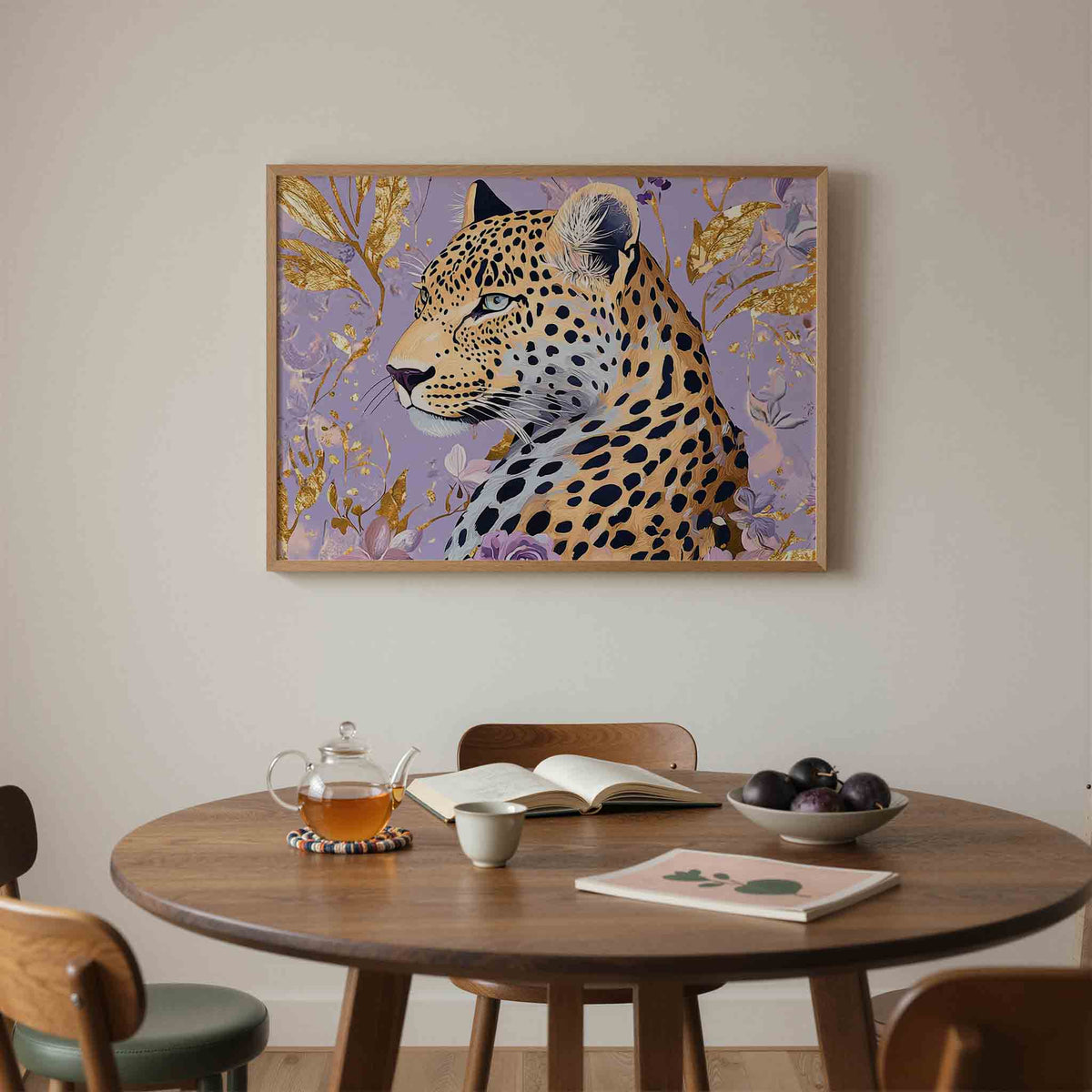 Luipaard met bloemen – liggende jungle wanddecoratie van WallArtistic