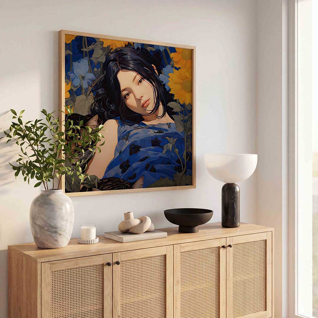 Vrouw met katten en bloemen – illustratie poster in vierkant formaat