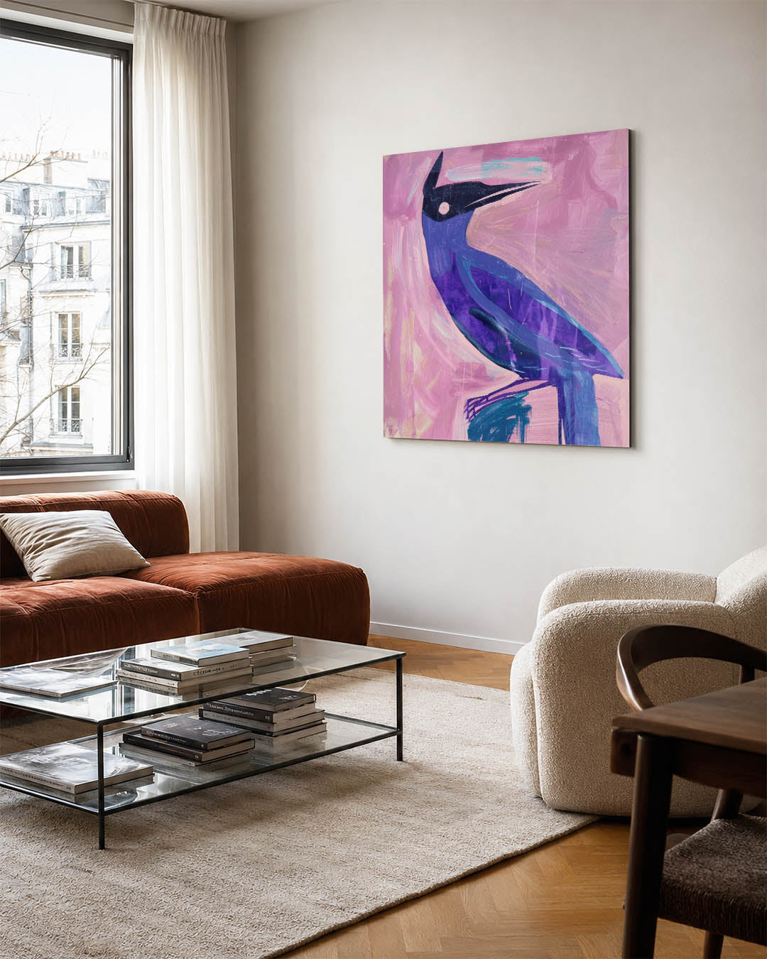 Vogelsilhouet in kleuren kunstwerk – vierkante wanddecoratie – dit werk toont een vogel in krachtige penseelstreken met een