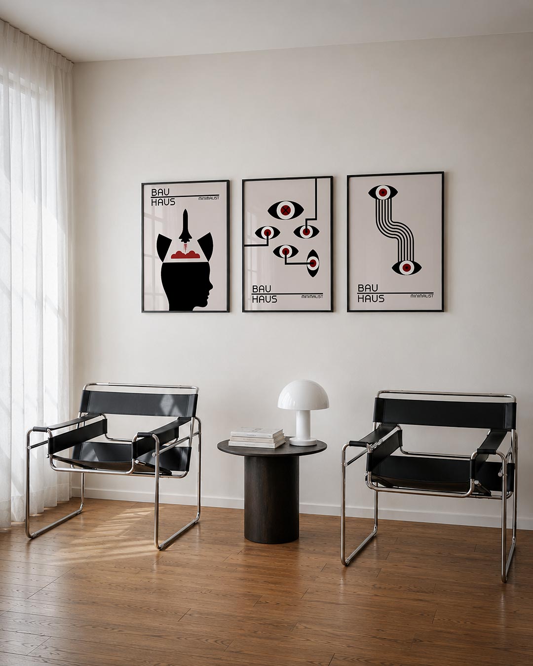 Vormen en vlucht driedelige posterset – een silhouet met een raket en wolken. Zwart en rood op een lichte achtergrond.