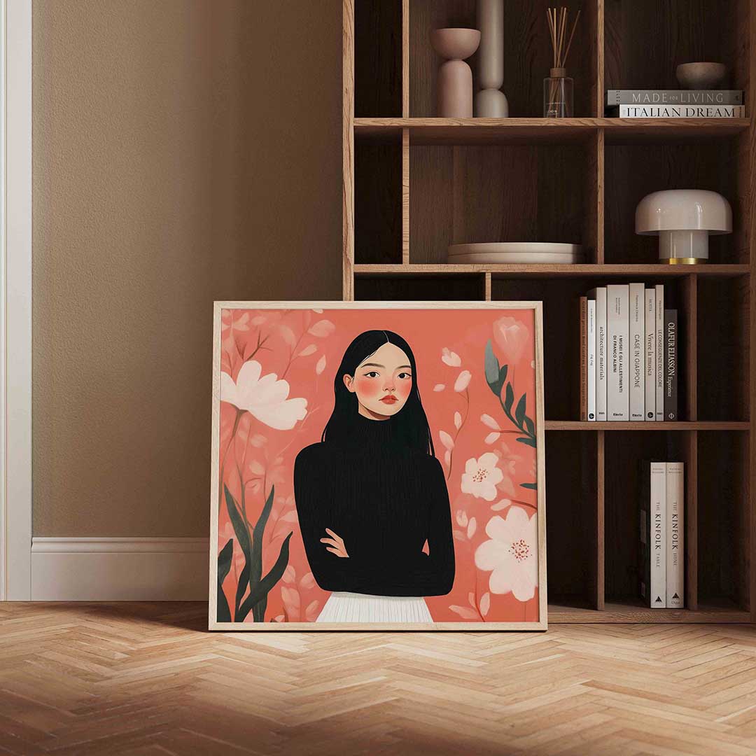 Vrouw met bloemen – moderne poster in vierkant formaat