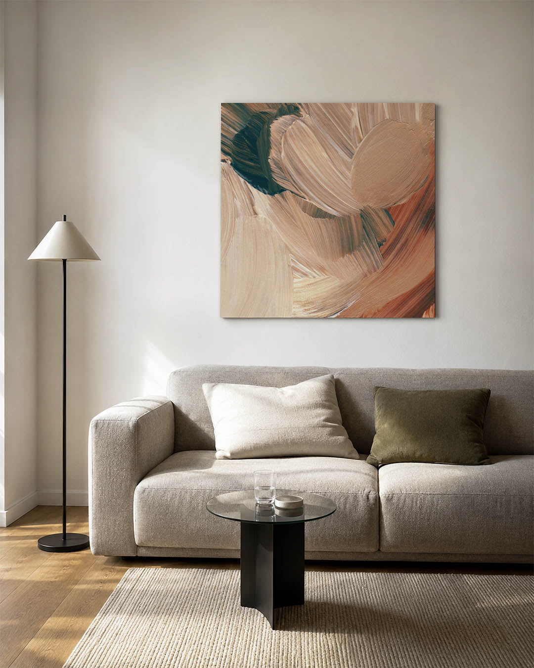 Penseelstreken kunstwerk – detailweergave – dit werk toont vloeiende penseelstreken in aardetinten, met een dynamische