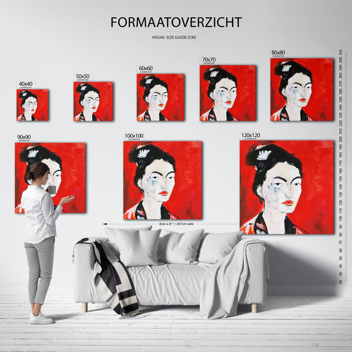 Portret met rode achtergrond – vierkante muurposter met kleurrijke illustratie