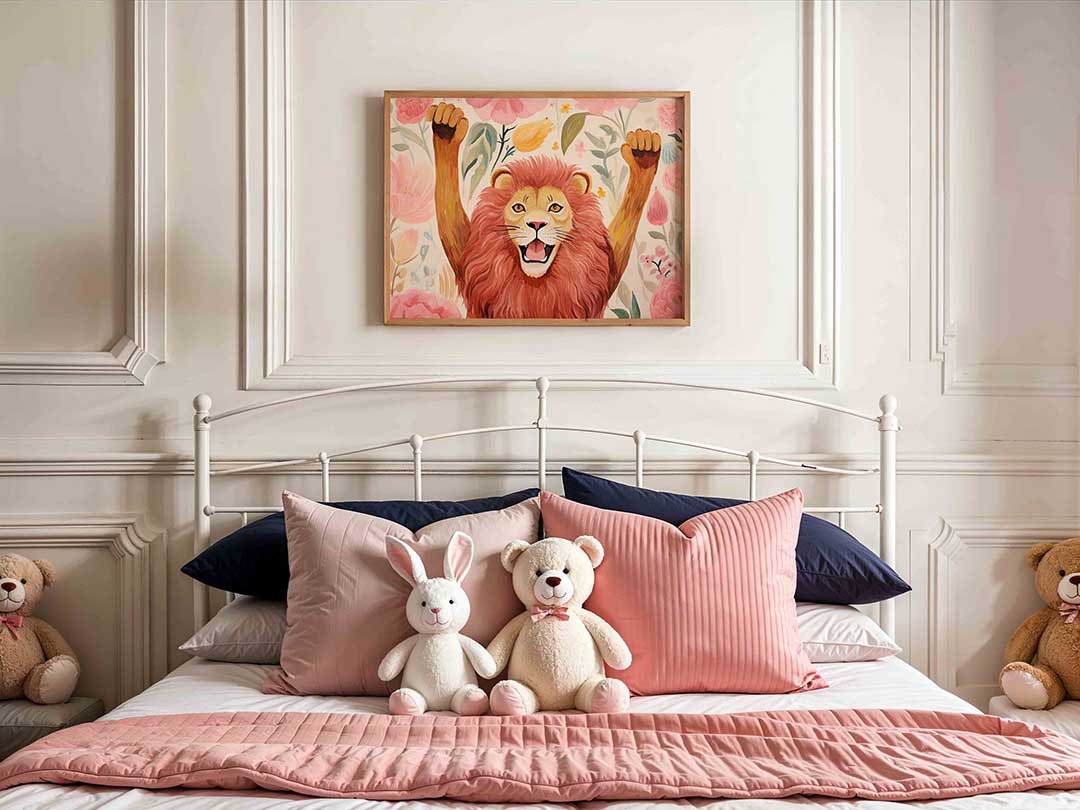 Leeuw met bloemen – kids poster in liggend formaat