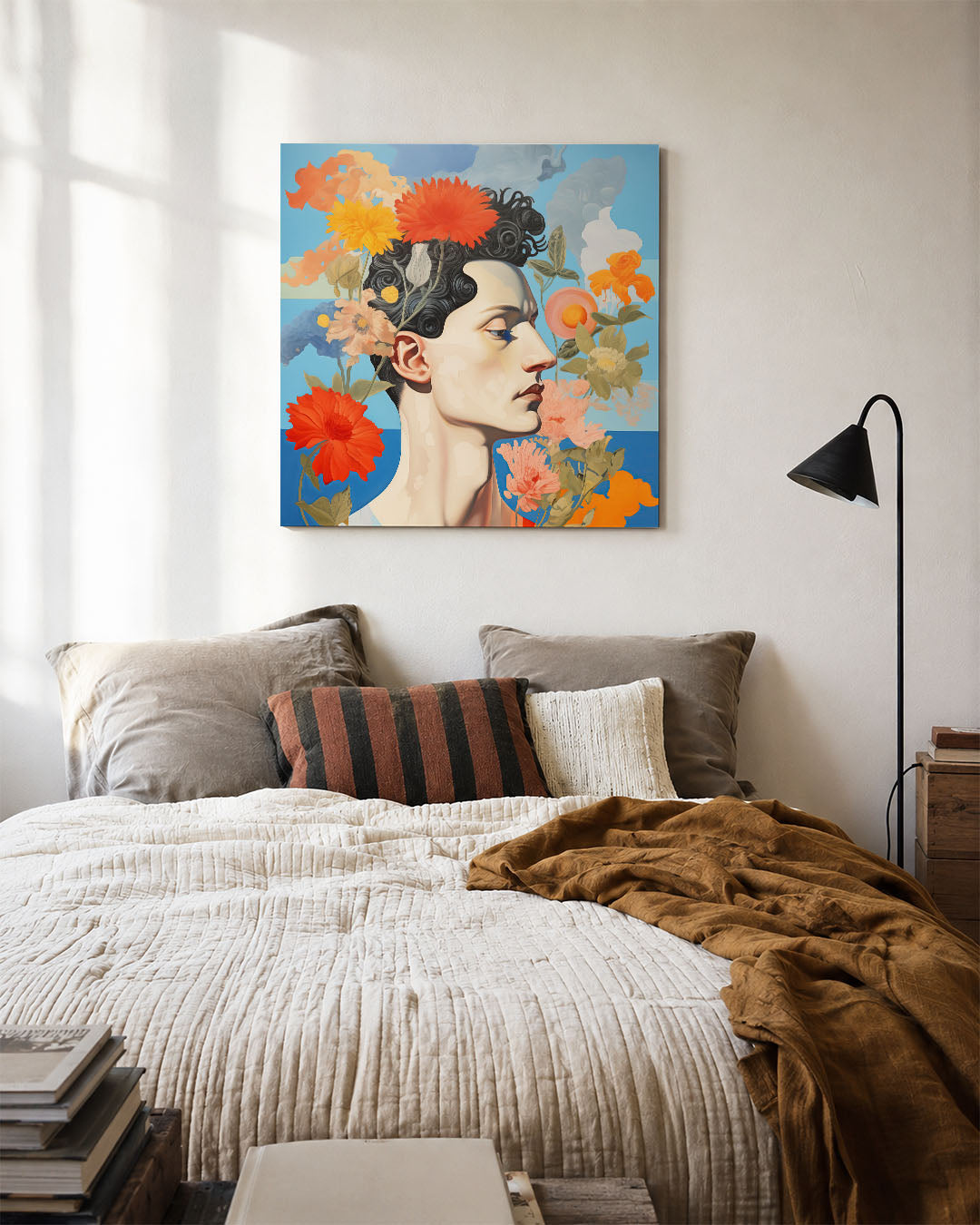 Bloemrijke portret kunstwerk – detailweergave – dit kunstwerk toont een zijaanzicht van een gezicht omringd door kleurrijke