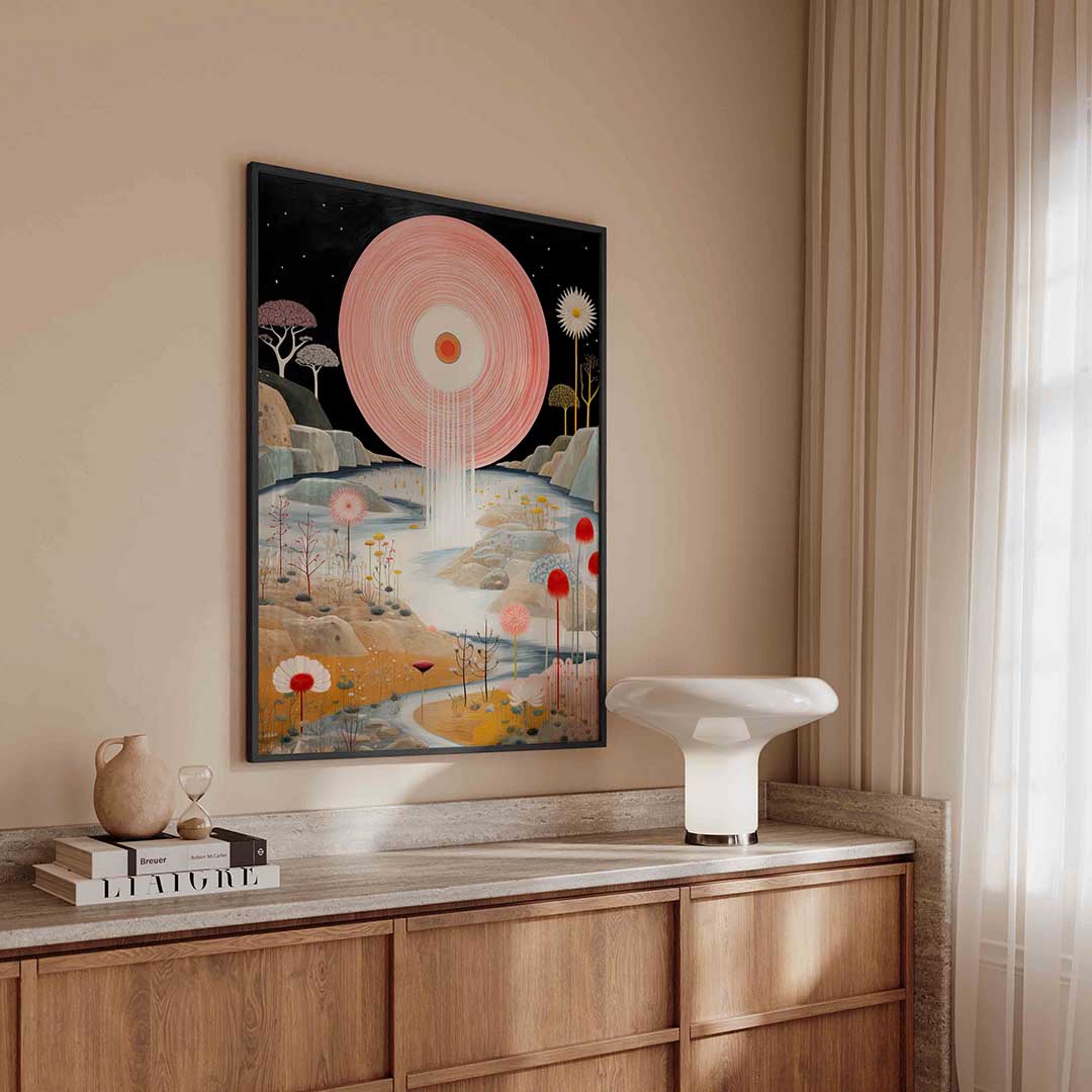 Landschap met grote roze cirkel – surreal poster in staand formaat