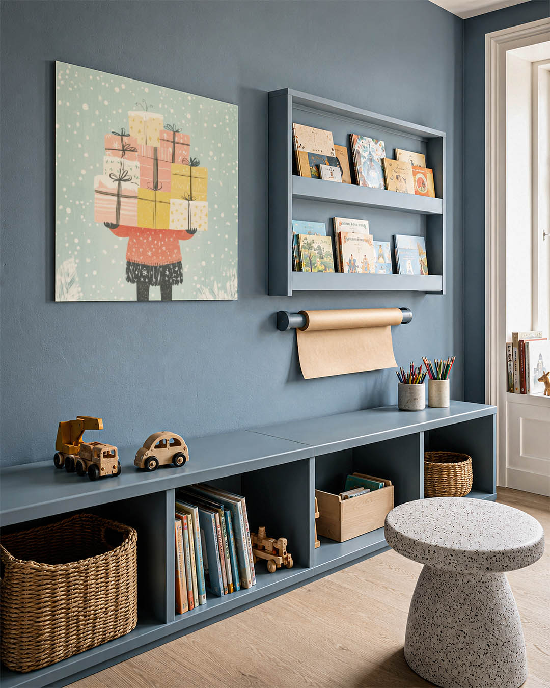 Vrolijke cadeaus kunstwerk – detailweergave – dit kunstwerk toont een stapel kleurrijke cadeaus in een sneeuwachtige